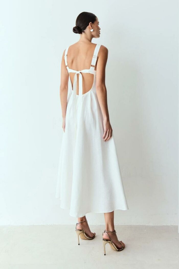 Imagem de Vestido Mídi Com Pregas Costas Abertas E Amarração Branco Zen