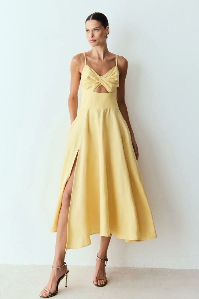 Imagem de Vestido Mídi Torção Busto E Recorte Frontal Amarelo Manteiga Zen