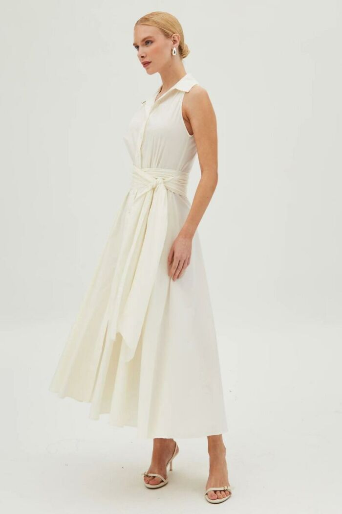 Imagem de Vestido Mídi Com Faixa Para Amarração E Botões Creme Zen