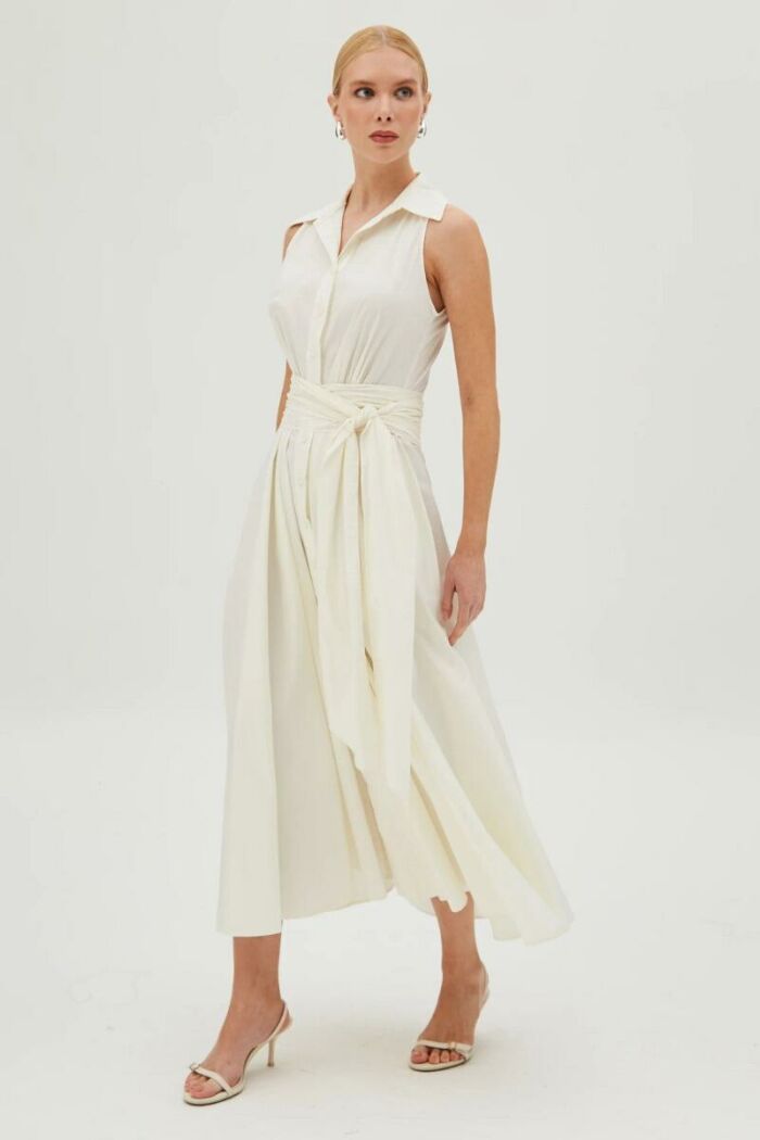 Imagem de Vestido Mídi Com Faixa Para Amarração E Botões Creme Zen