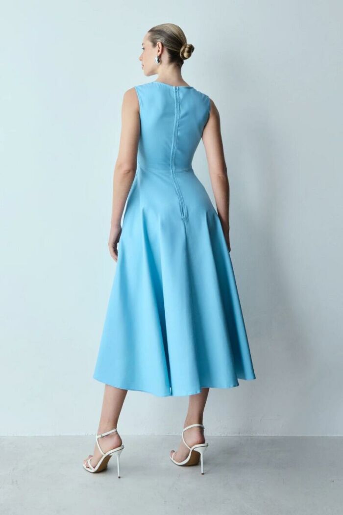 Imagem de Vestido Mídi Saia Godê Com Recortes Frontal Azul Oceano Zen