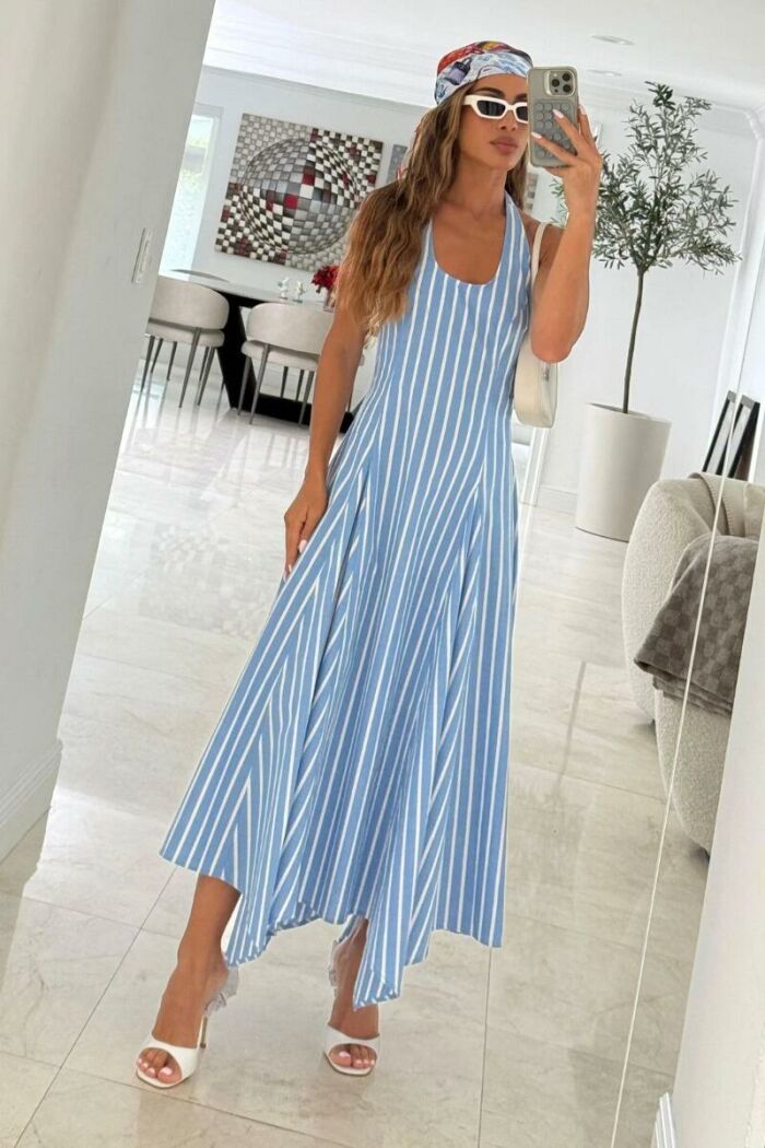 Imagem de Vestido Mídi Frente Única Barra Ampla Assimétrica Listrado Zen