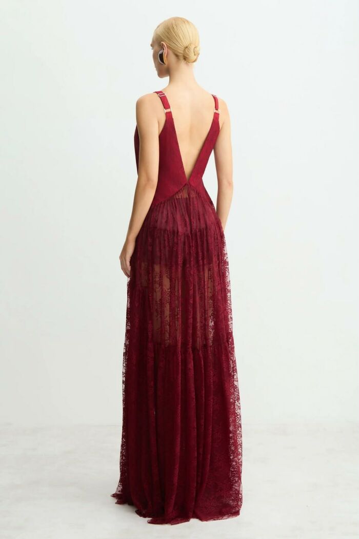 Imagem de Vestido Longo Alças Largas Com Decote V Em Renda Vinho Zen