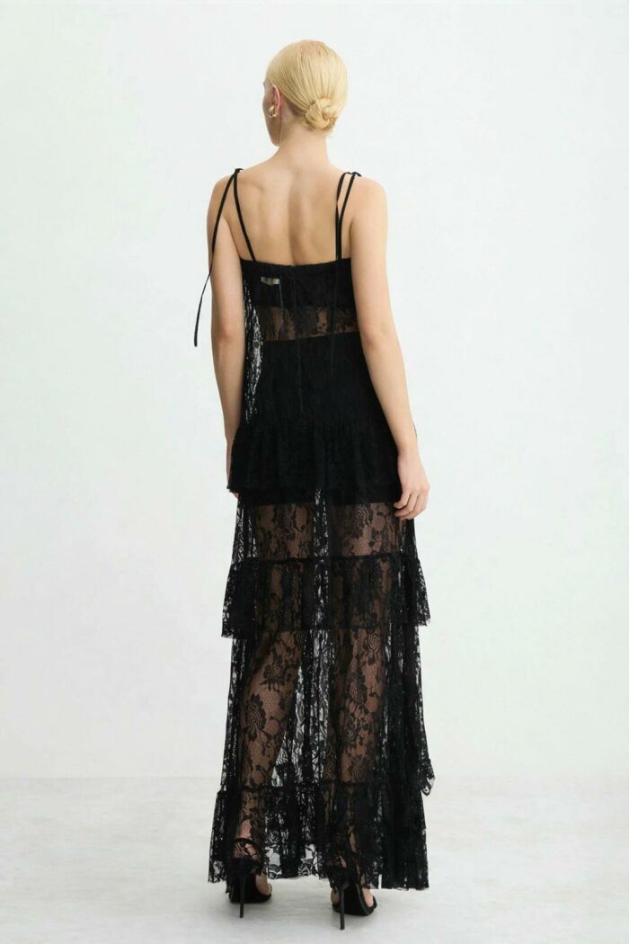 Imagem de Vestido Mídi Alongado Amarração Ombros e Babados Preto Zen