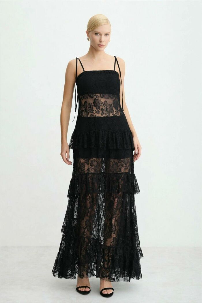 Imagem de Vestido Mídi Alongado Amarração Ombros e Babados Preto Zen