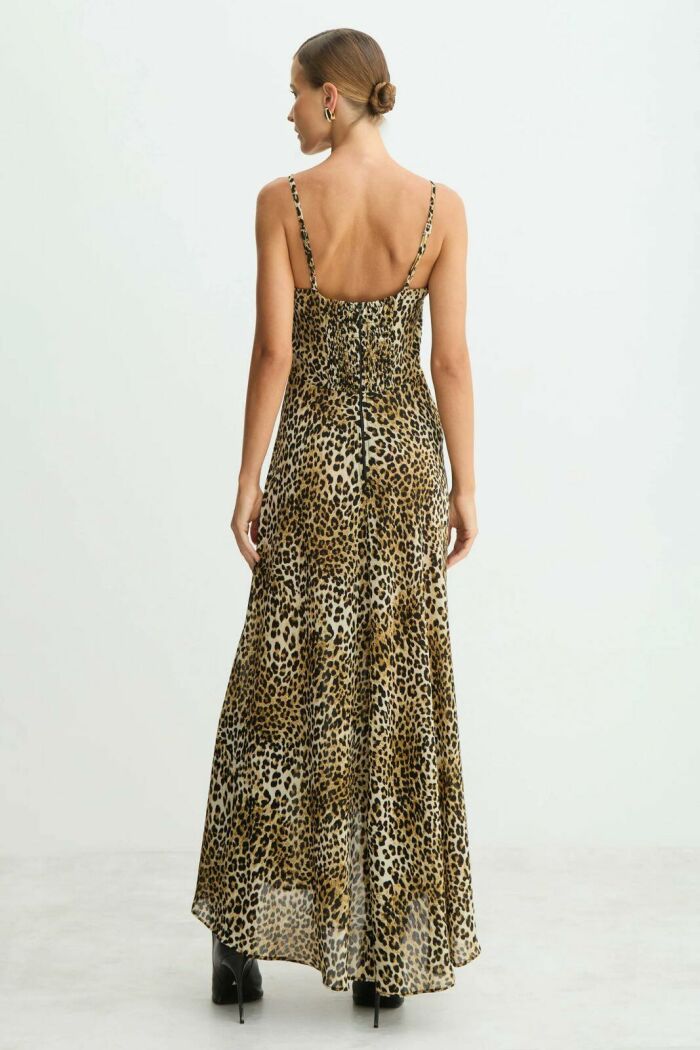 Imagem de Vestido Mídi Decote V Com Renda Busto Estampado Preto Com Bege Zen