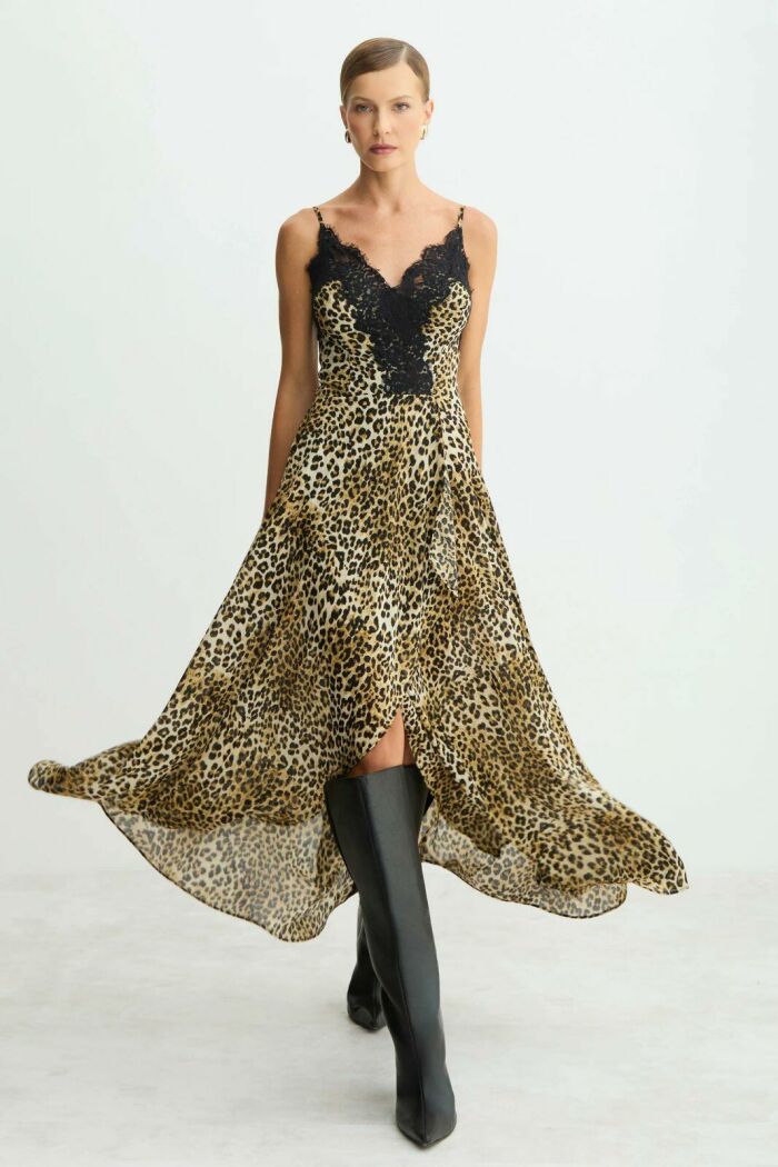 Imagem de Vestido Mídi Decote V Com Renda Busto Estampado Preto Com Bege Zen