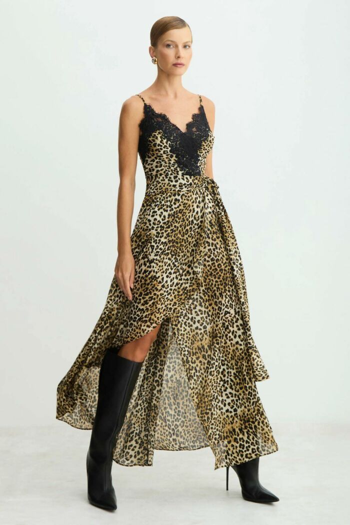 Imagem de Vestido Mídi Decote V Com Renda Busto Estampado Preto Com Bege Zen