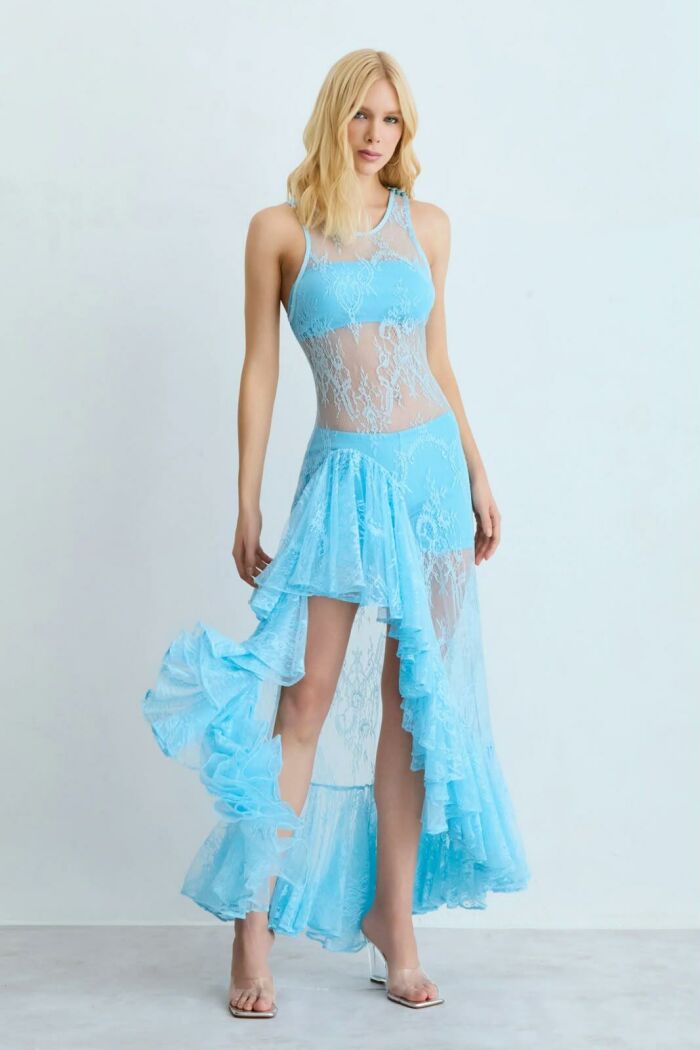 Imagem de Vestido Mídi Em Renda Com Barra Assimetria Volumosa Azul Oceano Zen