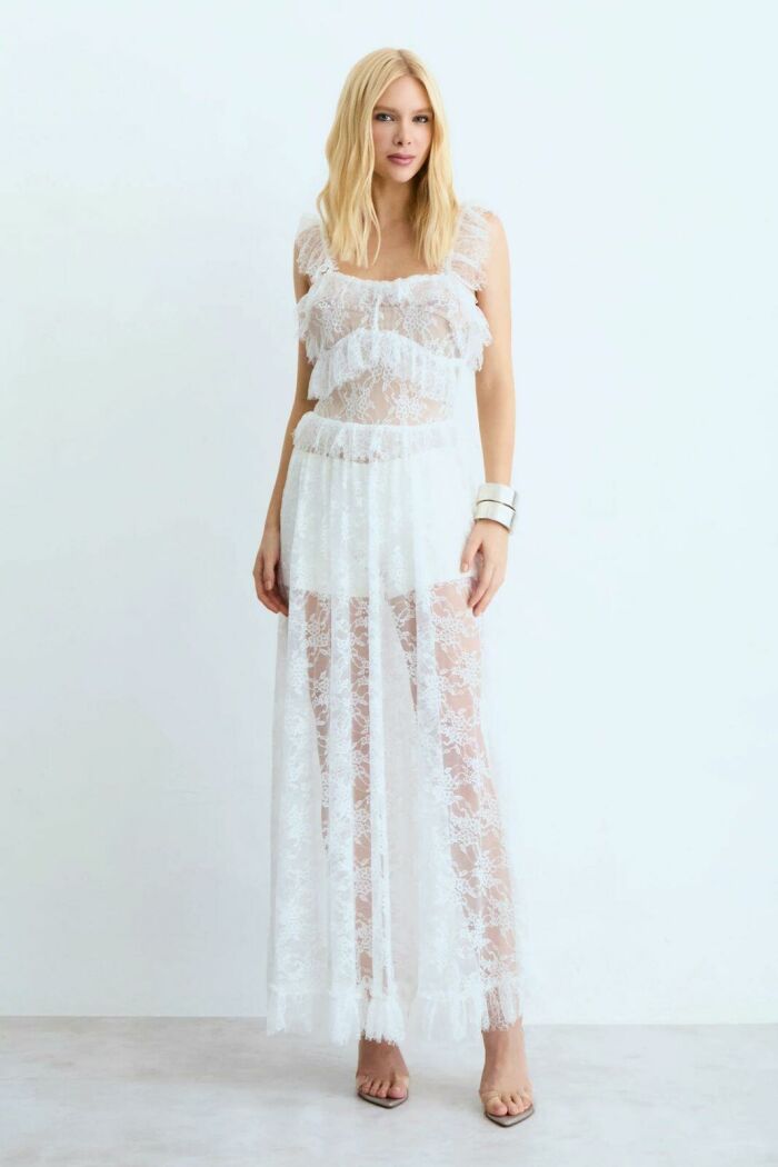 Imagem de Vestido Mídi Em Renda Com Detalhes Alças e Decote Off White Zen