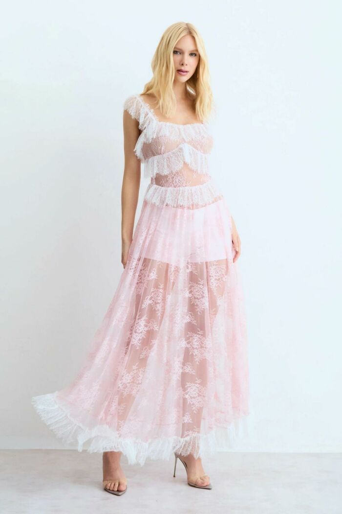 Imagem de Vestido Mídi Em Renda Com Detalhes Alças e Decote Rosa Bebê zen