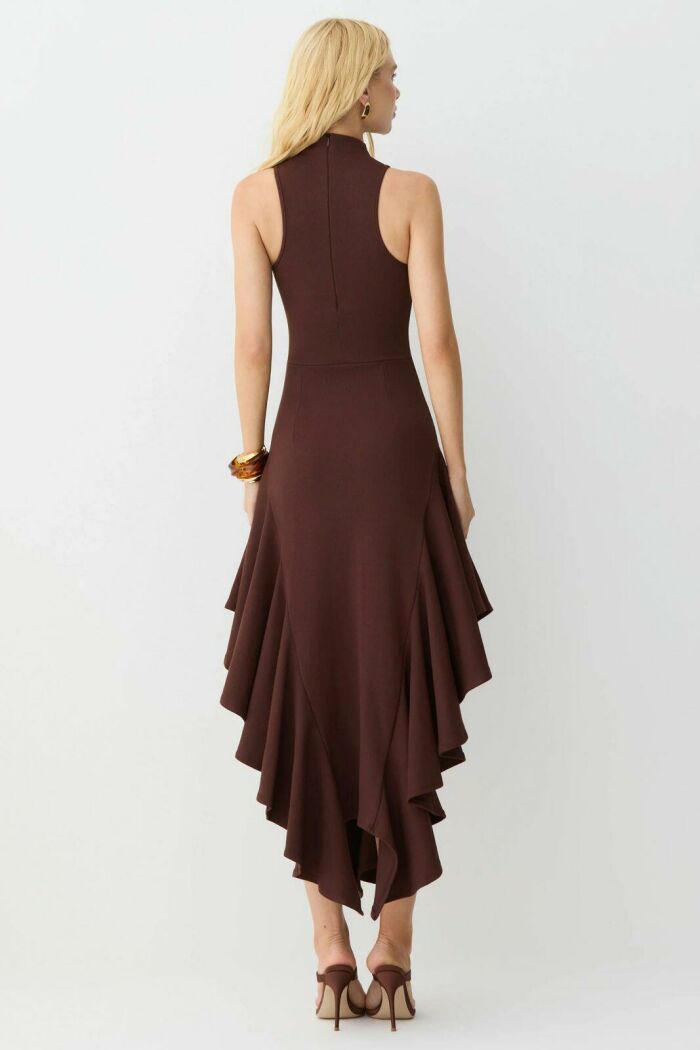 Imagem de Vestido Mídi Gola Alta Babados Assimétricos Marrom Escuro Zen