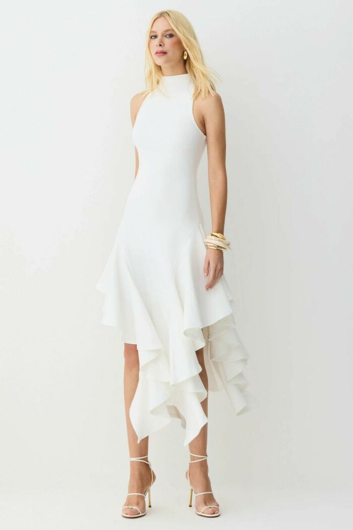 Imagem de Vestido Mídi Gola Alta Babados Assimétricos Off White Zen