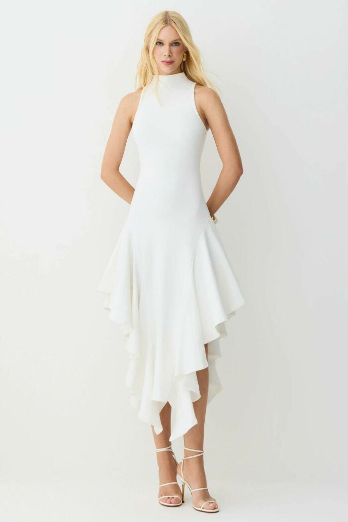 Imagem de Vestido Mídi Gola Alta Babados Assimétricos Off White Zen