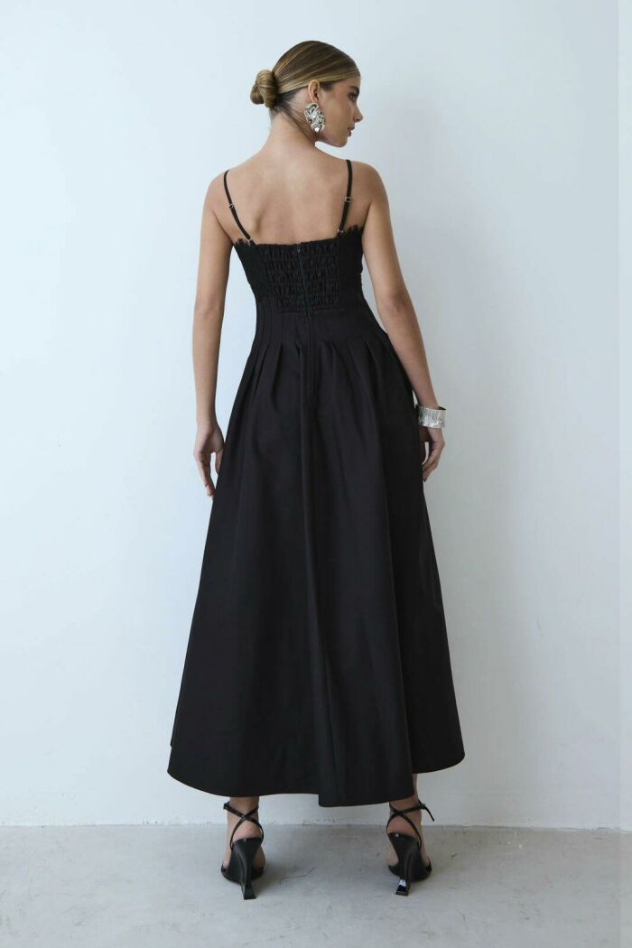 Imagem de Vestido Mídi Recortes Pespontados Cintura Renda Busto Preto Zen