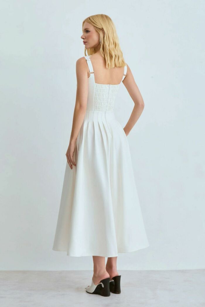 Imagem de Vestido Mídi Recortes Pespontados E Renda Decote Off White