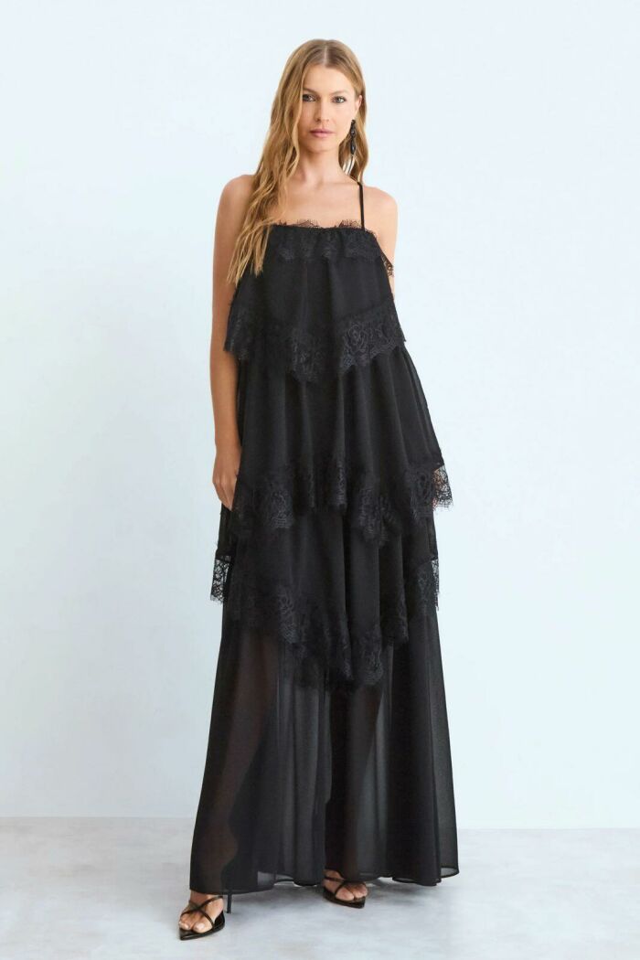 Imagem de Vestido Mídi Babados Com Detalhe Renda Barra Preto Zen