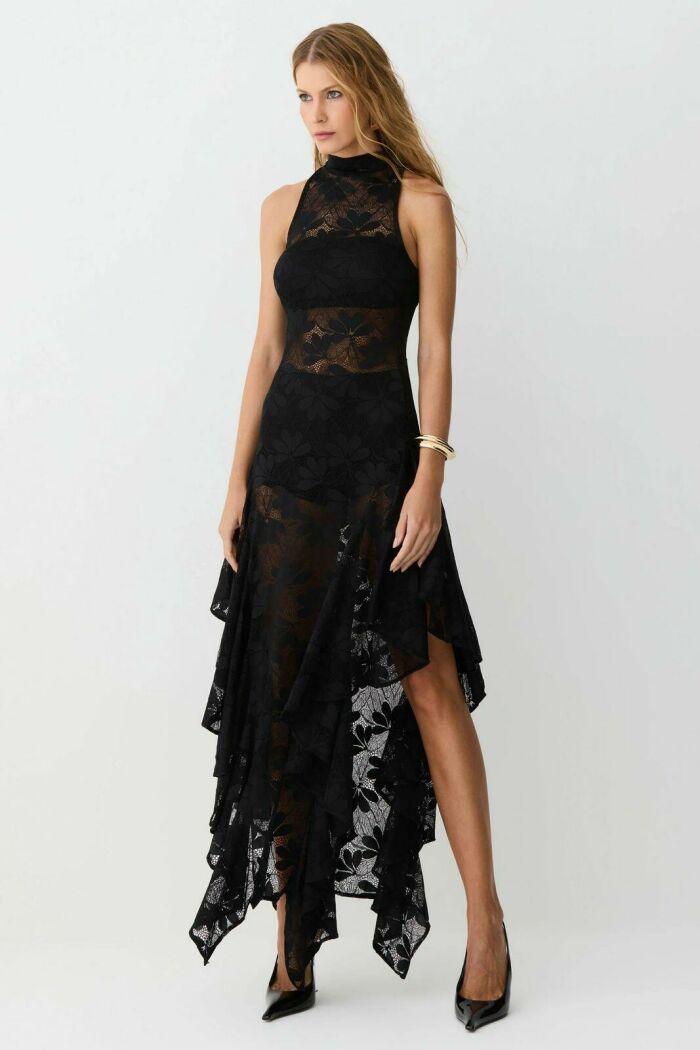 Imagem de Vestido Mídi Gola Alta Babados Barra Em Renda Preto Zen