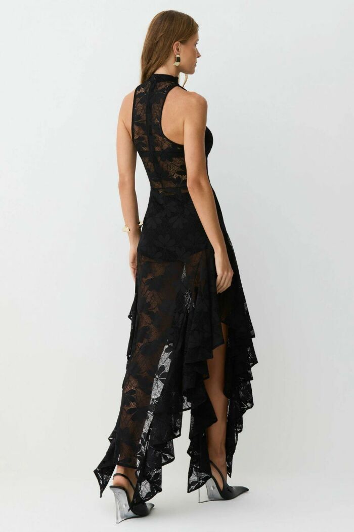 Imagem de Vestido Mídi Gola Alta Babados Barra Em Renda Preto Zen