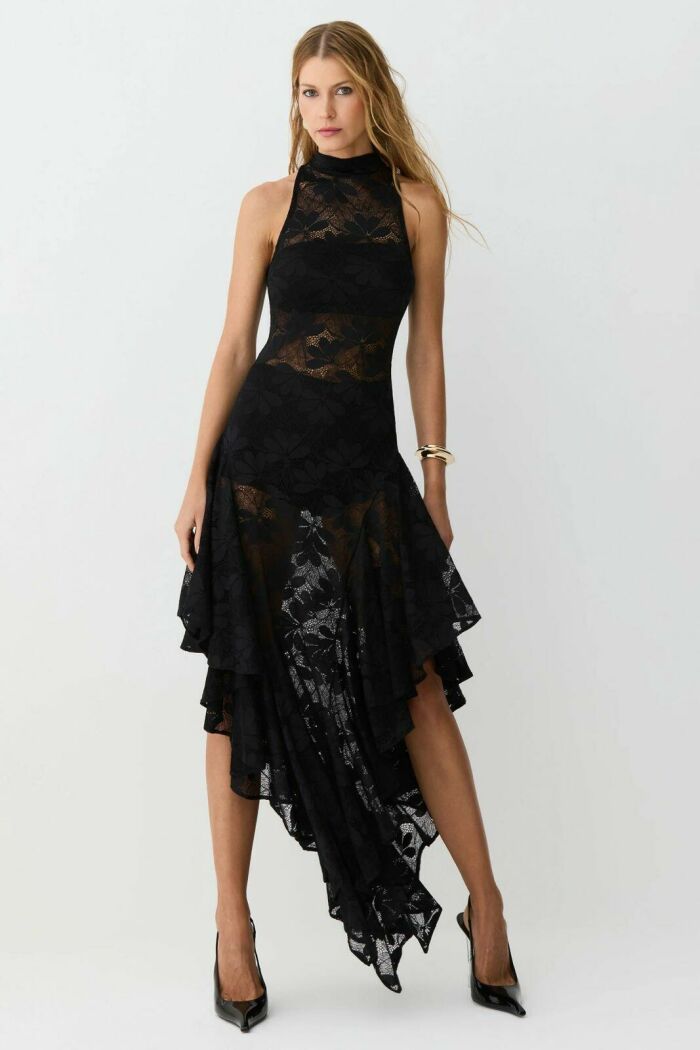 Imagem de Vestido Mídi Gola Alta Babados Barra Em Renda Preto Zen