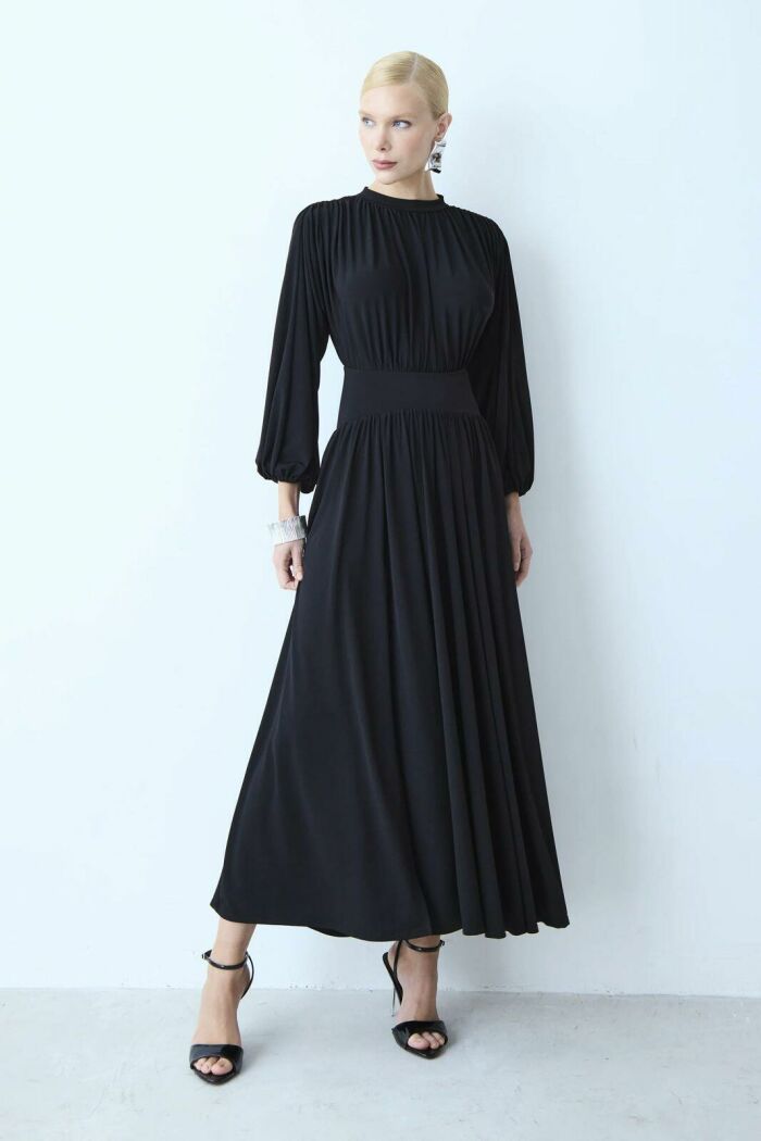 Imagem de Vestido Mídi Mangas Bufantes Cós Largo Barra Fluida Preto Zen