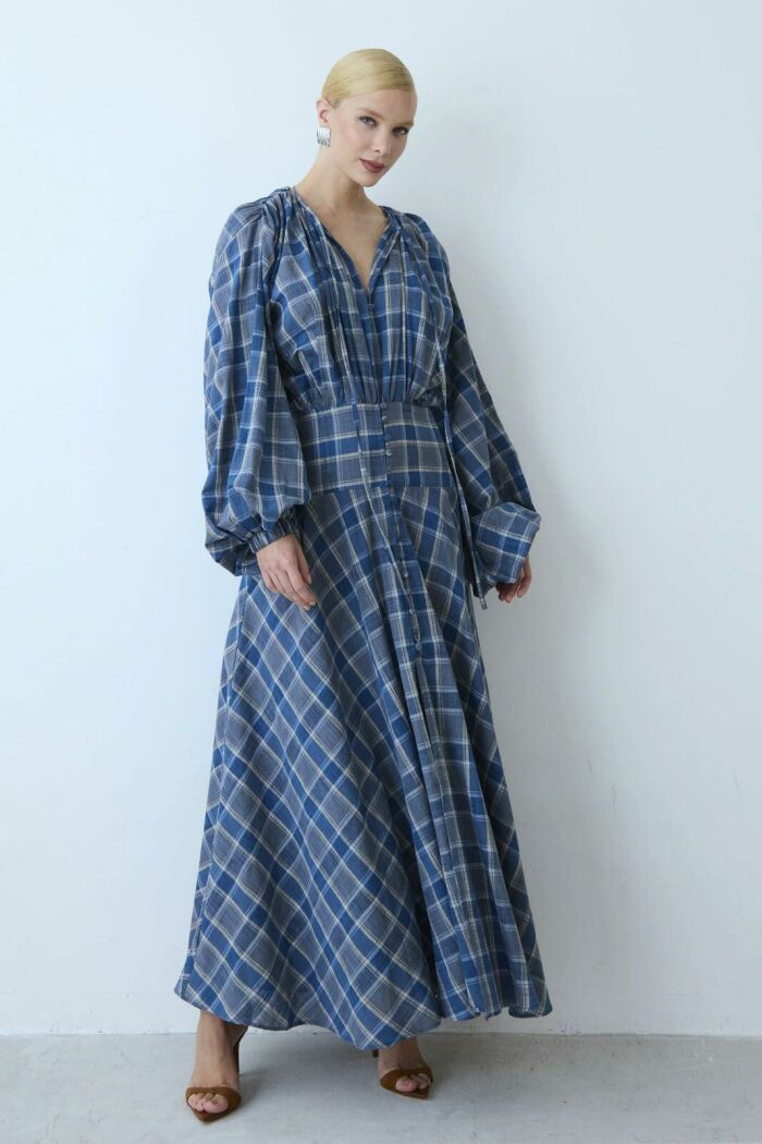 Imagem de Vestido Longo Mangas Bufantes Cós Largo Botões Frontal Azul Zen