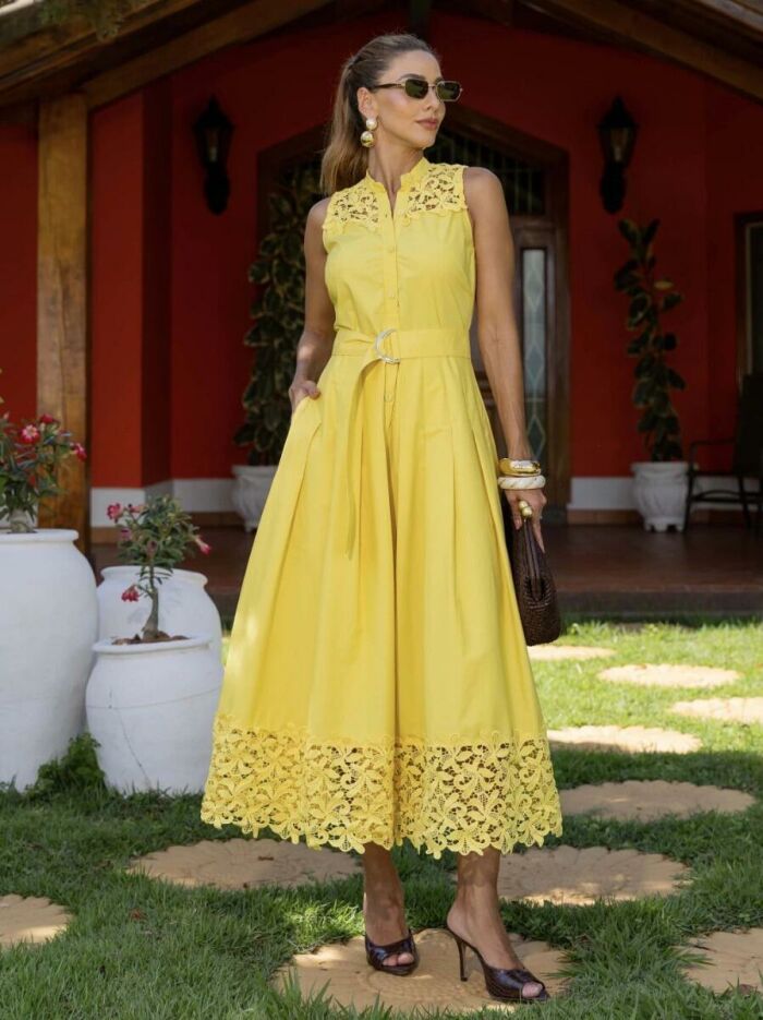 Imagem de Vestido Chemise Tricoline Com Renda Amarelo Luzia Fazzolli