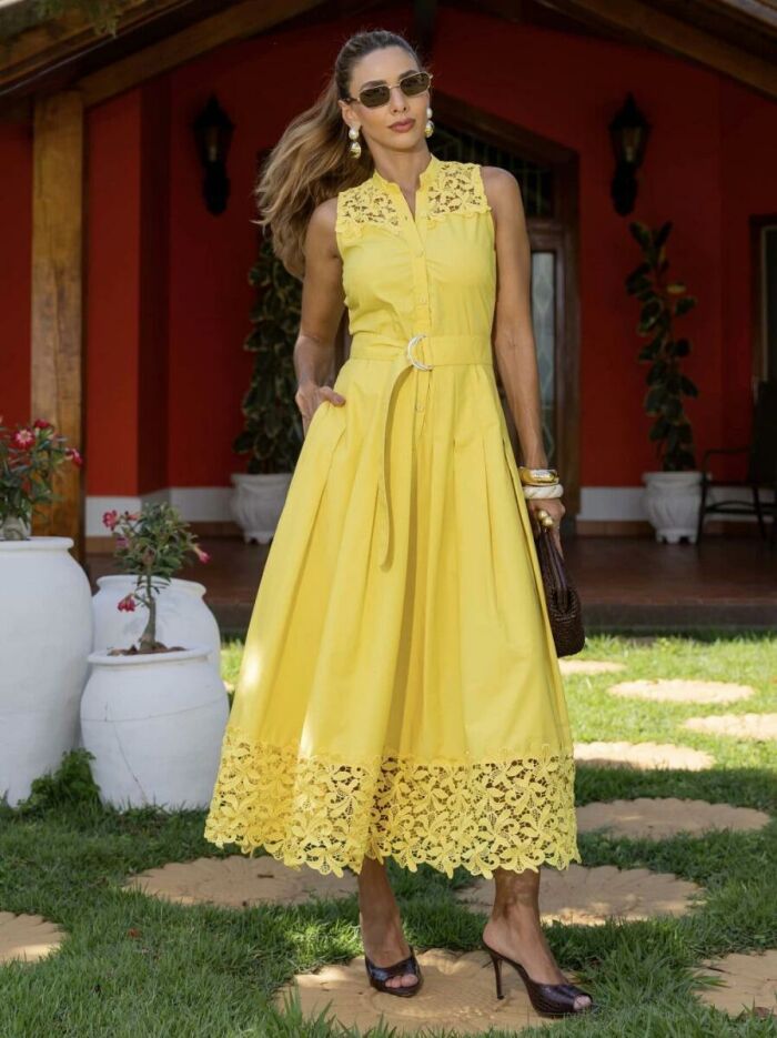 Imagem de Vestido Chemise Tricoline Com Renda Amarelo Luzia Fazzolli