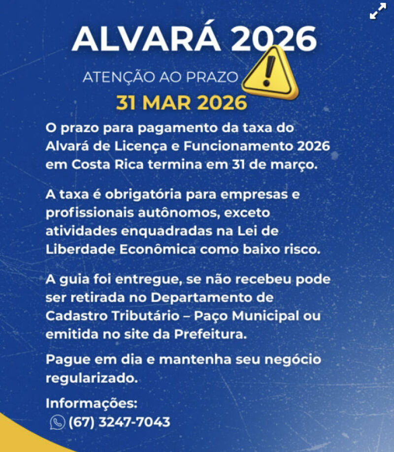 Imagem ilustrativa da matéria Empresários e autônomos têm até 31 de março para pagar taxa do alvará em Costa Rica