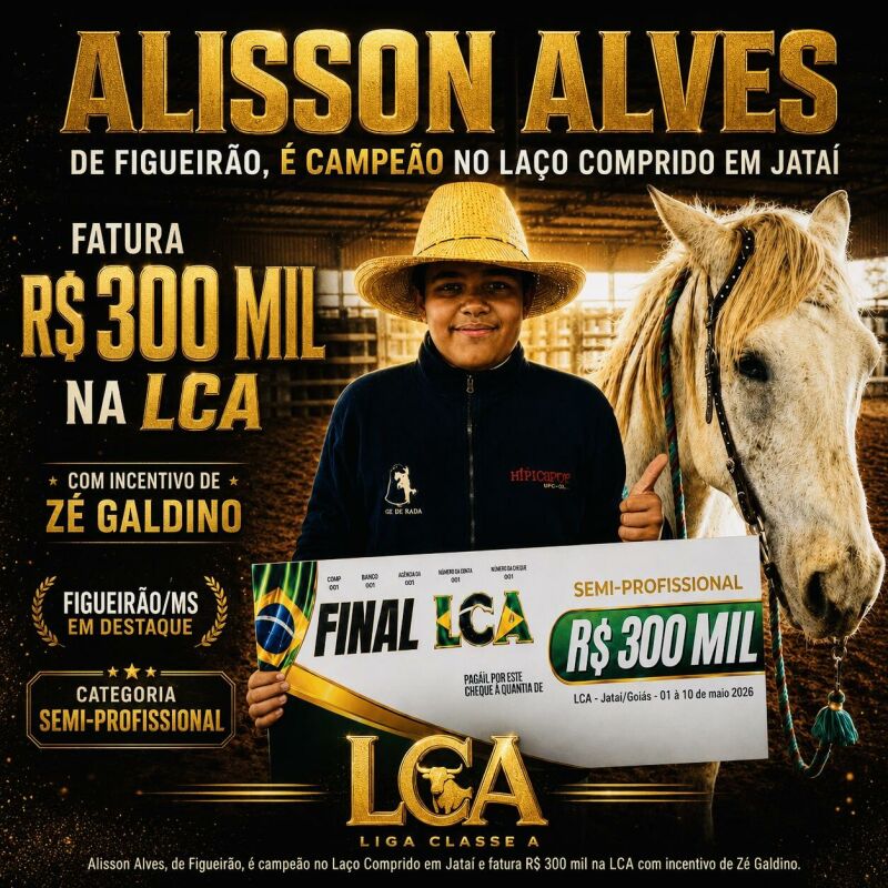 Imagem ilustrativa da matéria Alisson Alves, de Figueirão, é campeão no Laço Comprido em Jataí e fatura R$ 300 mil na LCA