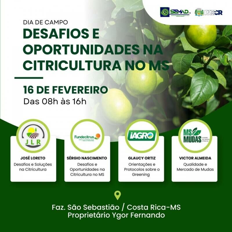 Imagem de compartilhamento para o artigo Produtores de Costa Rica poderão participar de evento voltado a Citricultura no MS da MS Todo dia