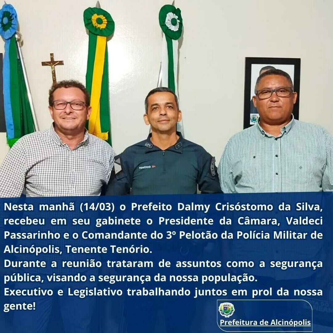 Imagem de compartilhamento para o artigo Prefeito de Alcinópolis discute segurança pública com presidente da Câmara e Comandante da Polícia Militar da MS Todo dia