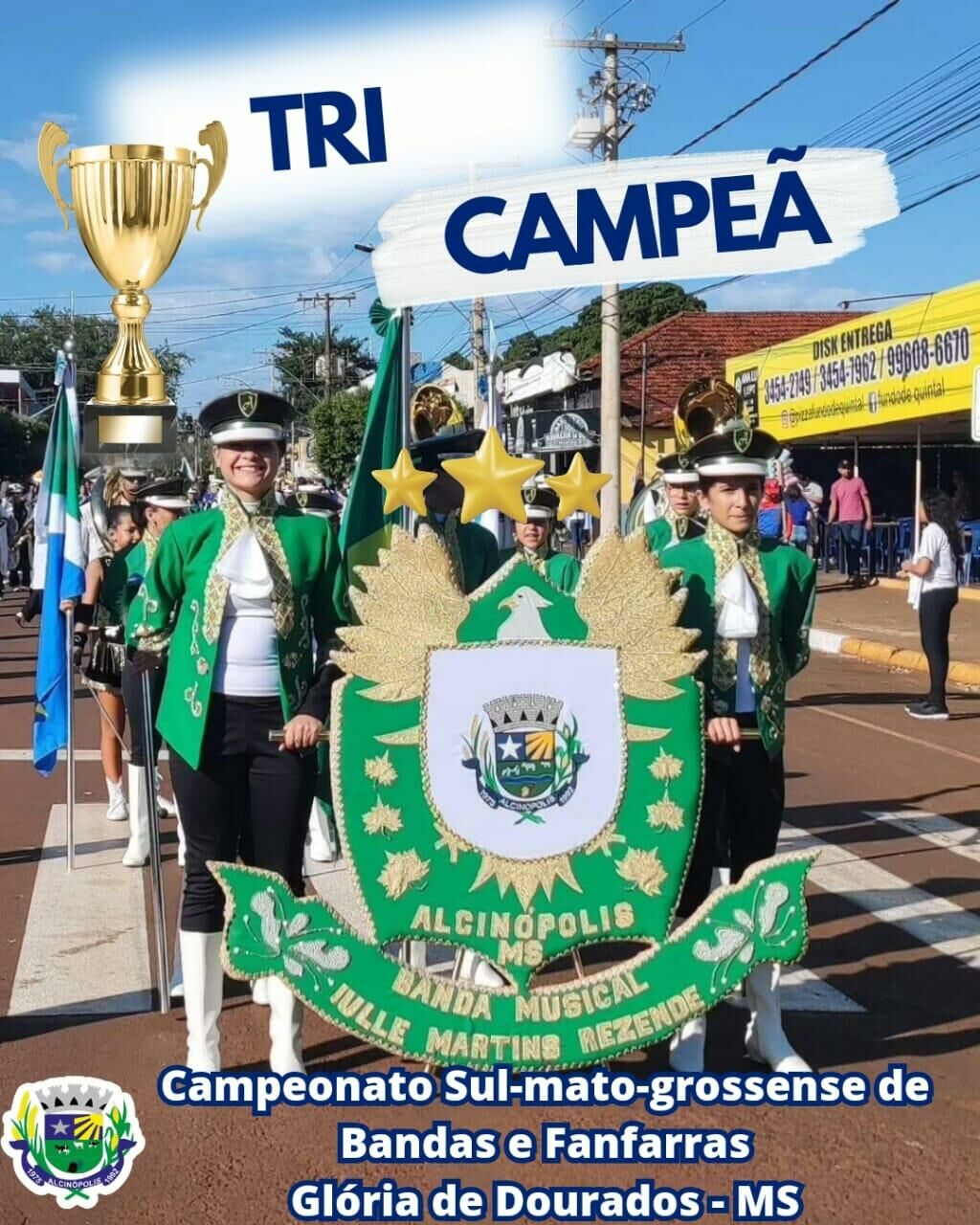 Imagem de compartilhamento para o artigo Banda Musical Iulle Martins Rezende de Alcinópolis fatura o tricampeonato estadual na categoria sênior da MS Todo dia