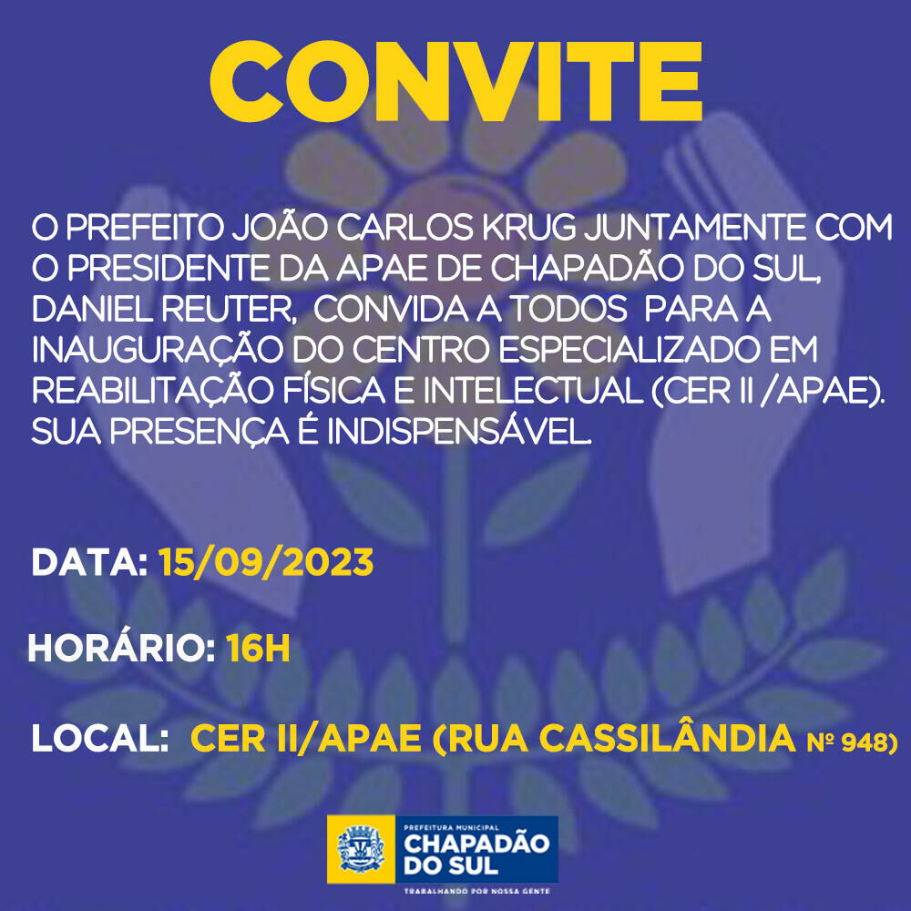 Imagem de compartilhamento para o artigo Prefeito de Chapadão do Sul João Krug inaugura Centro Especializado em Reabilitação da APAE nesta sexta-feira da MS Todo dia