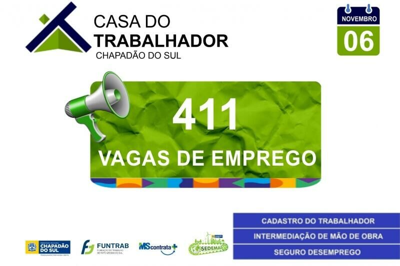Imagem de compartilhamento para o artigo Oportunidade: Casa do Trabalhador de Chapadão do Sul oferece mais de 400 vagas de emprego nesta terça-feira da MS Todo dia