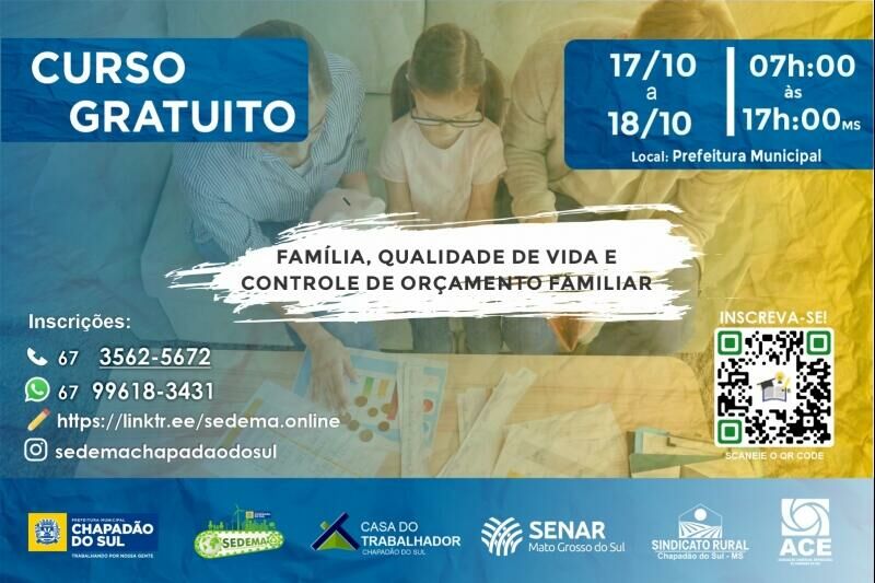 Imagem de compartilhamento para o artigo Inscrições abertas: Prefeitura de Chapadão do Sul promove o curso de Família, Qualidade de Vida e Controle de Orçamento Familiar da MS Todo dia