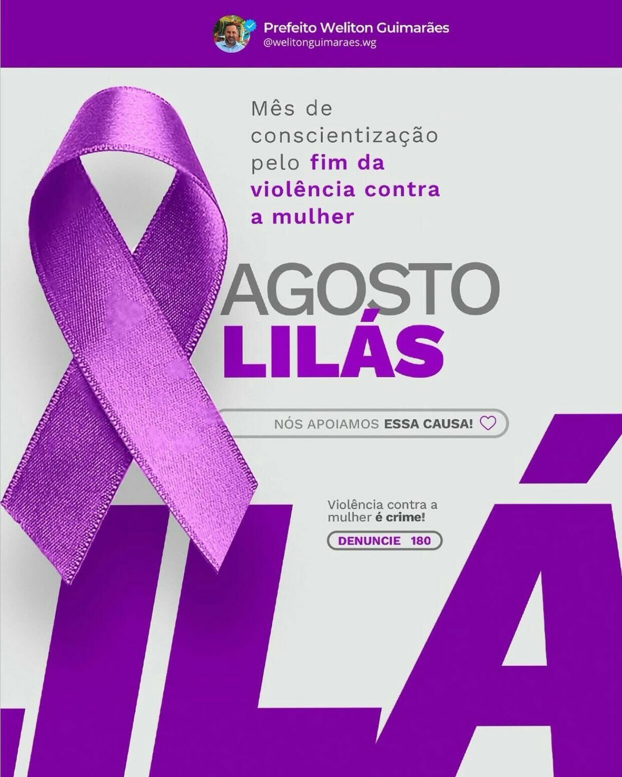 Imagem de compartilhamento para o artigo Agosto Lilás: Prefeito Welinton reforça apoio e incentivo à denúncia de violência contra a mulher em Alcinópolis  da MS Todo dia
