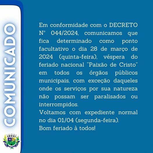 Imagem de compartilhamento para o artigo Prefeitura de Alcinópolis determina ponto facultativo na véspera do feriado da MS Todo dia