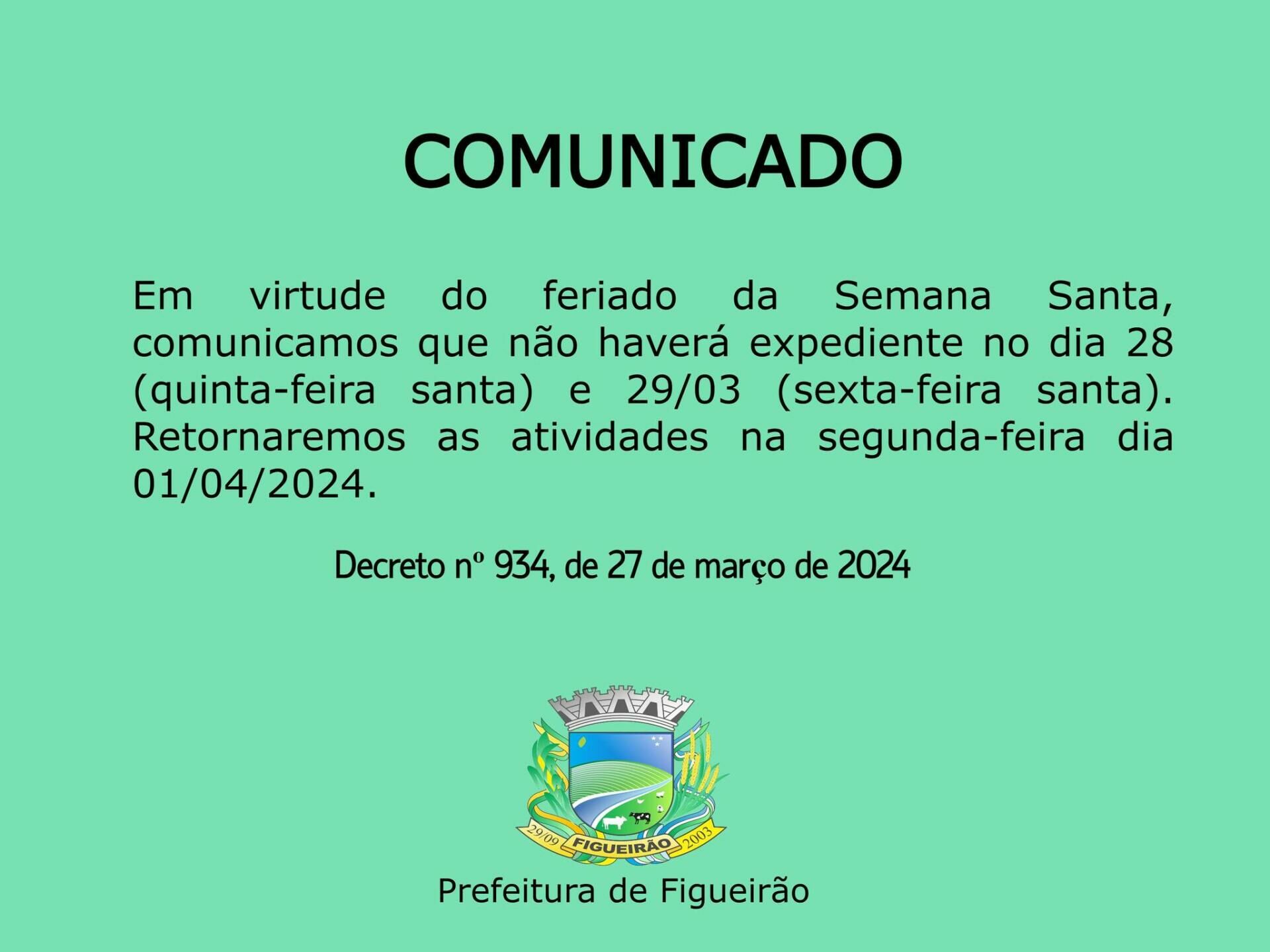 Imagem de compartilhamento para o artigo Prefeitura de Figueirão informa sobre suspensão de expediente durante a Semana Santa da MS Todo dia