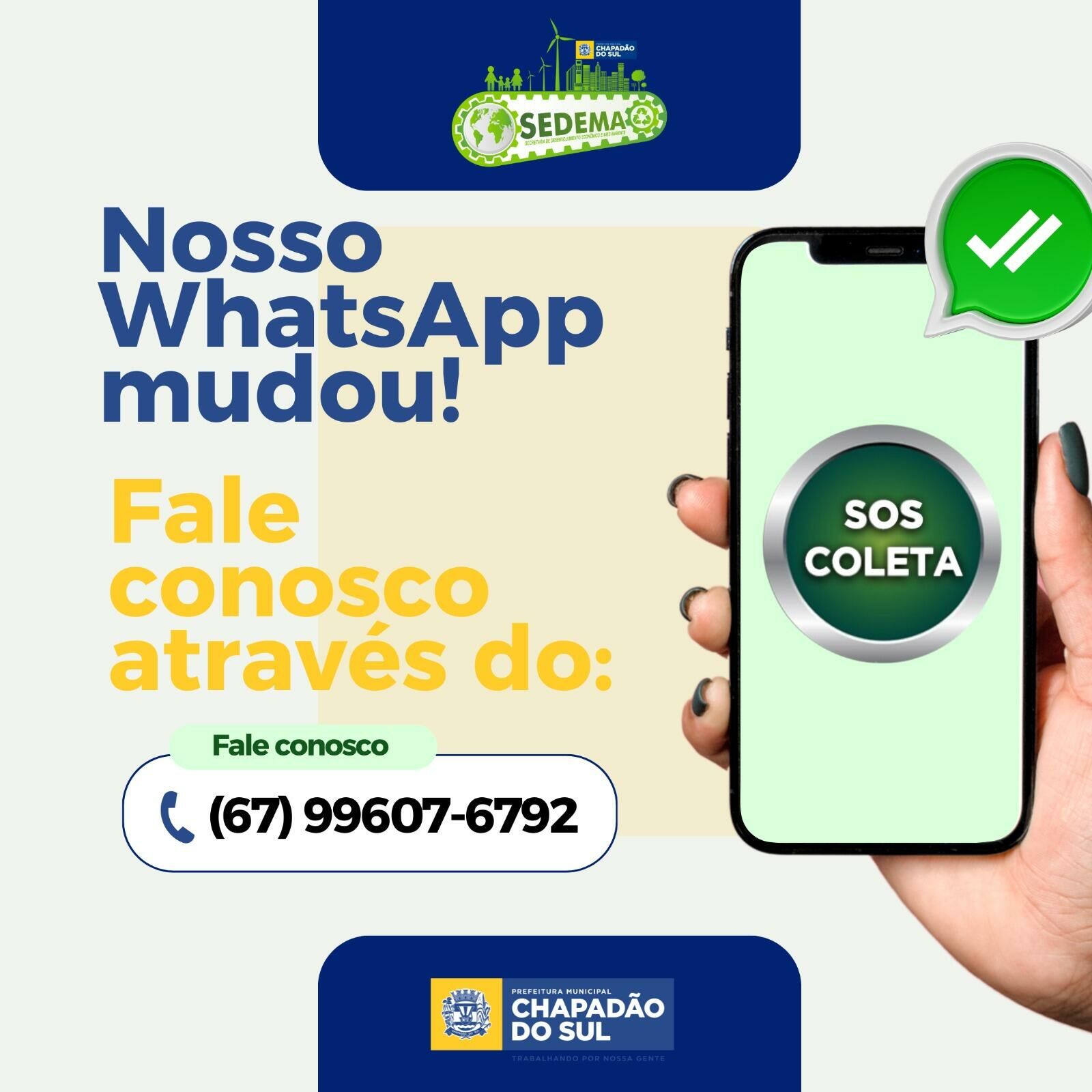 Imagem de compartilhamento para o artigo Novo número: Sedema de Chapadão do Sul altera WhatsApp de atendimento à população da MS Todo dia