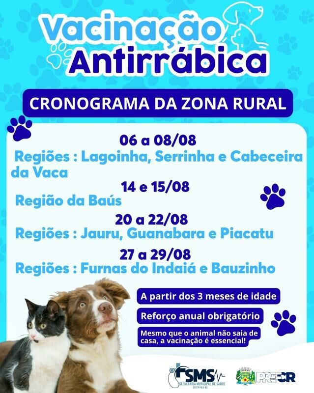 Imagem de compartilhamento para o artigo Prefeitura de Costa Rica divulga cronograma de vacinação antirrábica na zona rural para o mês de agosto da MS Todo dia