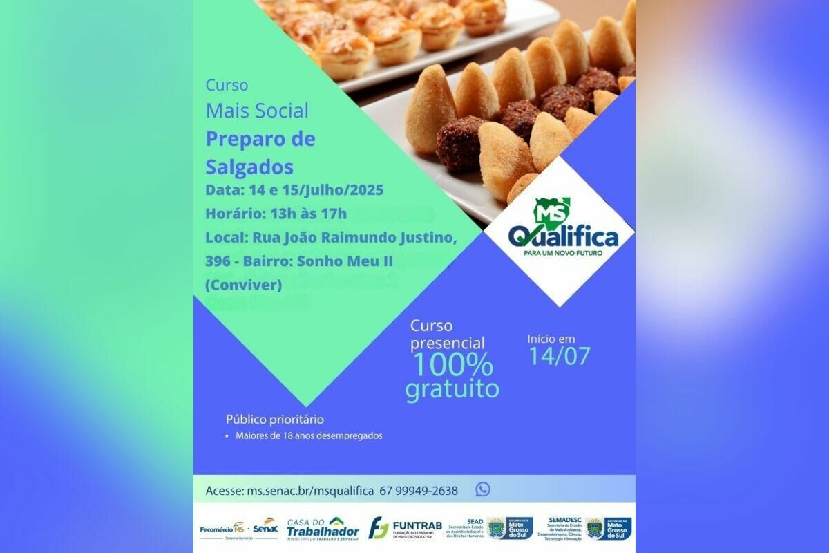 Imagem de compartilhamento para o artigo Costa Rica abre inscrições para curso gratuito de preparo de salgados da MS Todo dia