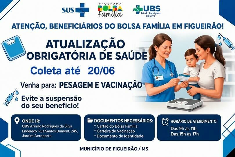 Imagem de compartilhamento para o artigo Beneficiários do Bolsa Família devem atualizar pesagem e vacinação em Figueirão da MS Todo dia
