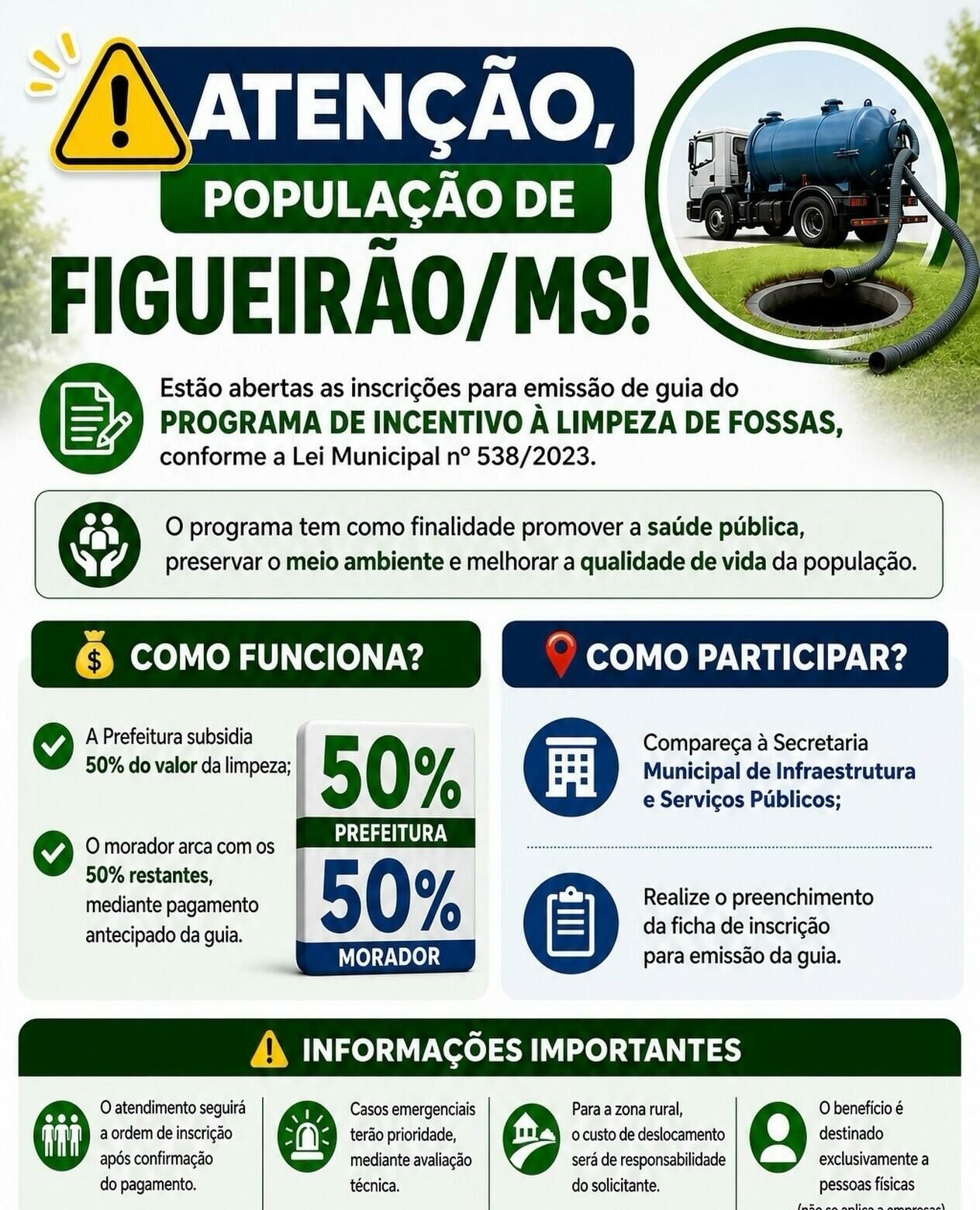 Imagem de compartilhamento para o artigo Prefeito Juvenal Consolaro lança programa para subsidiar 50% da limpeza de fossas em Figueirão da MS Todo dia