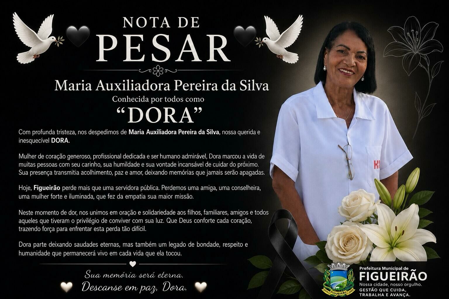Imagem de compartilhamento para o artigo Prefeitura de Figueirão decreta luto oficial pela morte de Dora, técnica em enfermagem da rede municipal da MS Todo dia
