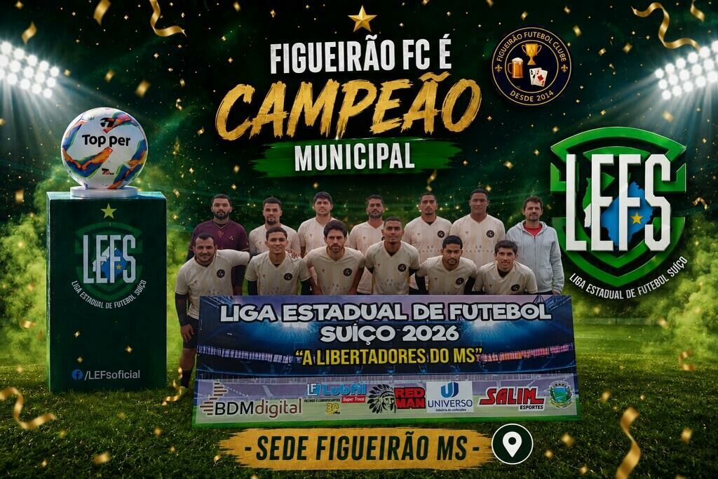 Imagem de compartilhamento para o artigo Figueirão FC conquista título da Liga Estadual de Futebol Suíço 2026 da MS Todo dia