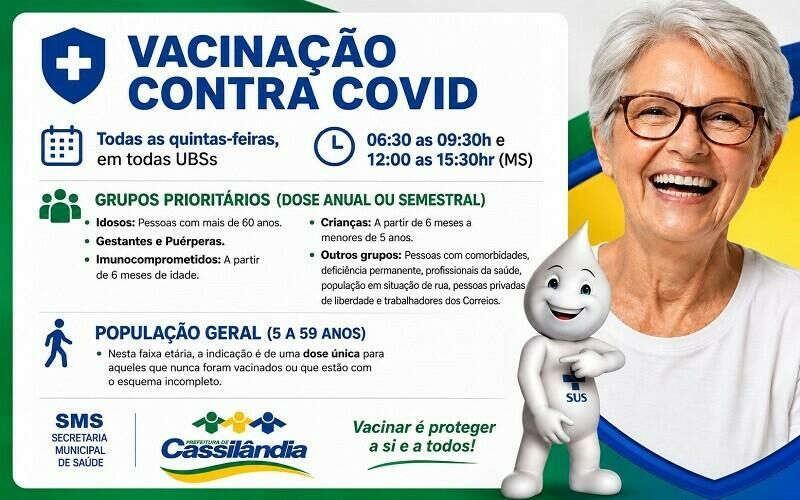 Imagem de compartilhamento para o artigo Cassilândia mantém vacinação contra Covid-19 todas as quintas-feiras nas UBSs do município da MS Todo dia