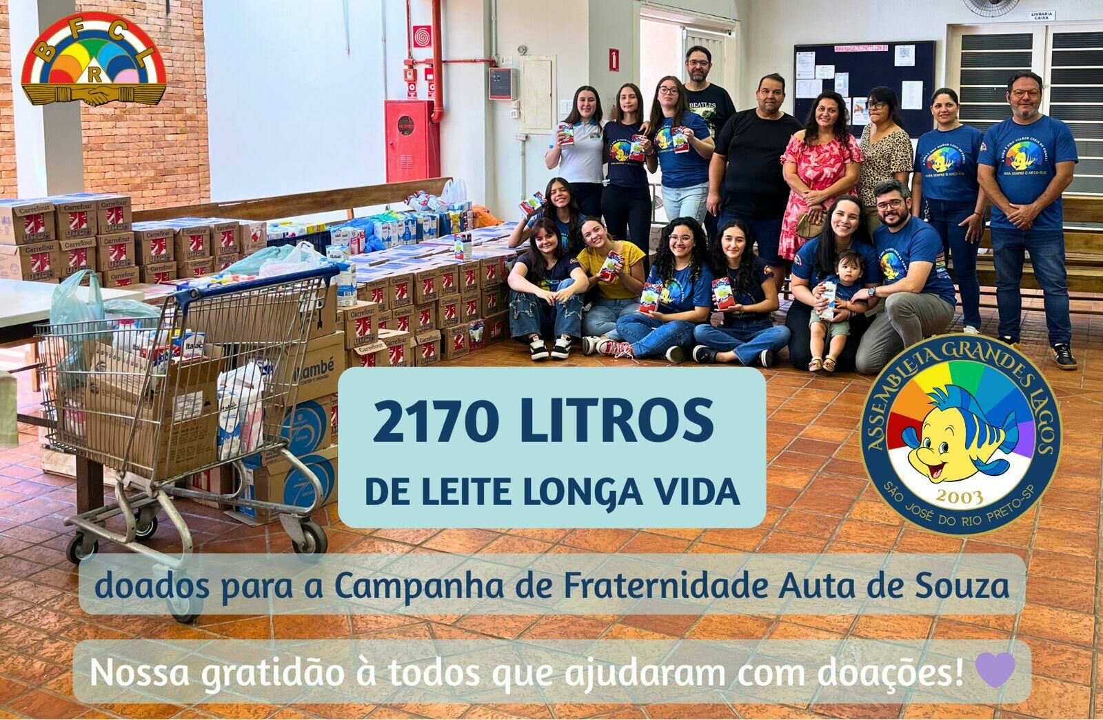 Voluntários da Assembleia Grandes Lagos e parceiros exibem doações de 2.170 litros de leite longa vida arrecadados para a Campanha de Fraternidade Auta de Souza em São José do Rio Preto. A ação filantrópica contou com apoio da Megavale e reforça o compromisso com responsabilidade social e solidariedade