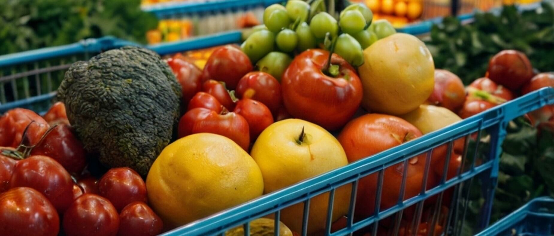 Carrinho de compras com frutas e verduras