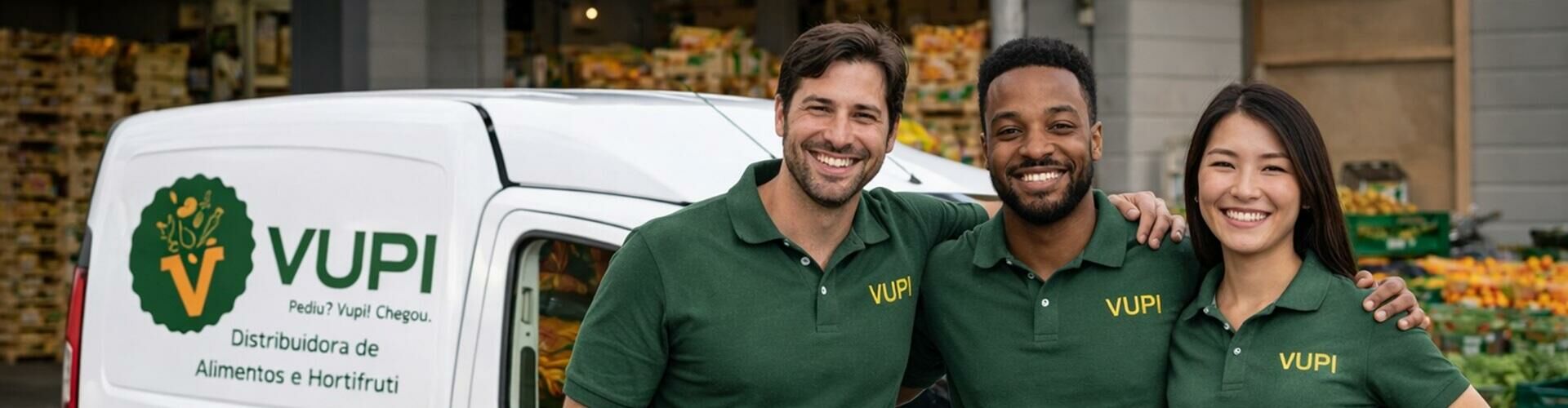 Funcionários em frente a uma van e uma mercearia